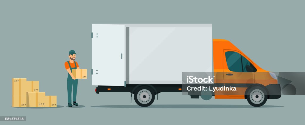 Van Loading Vector Worker Loads Boxes In A Cargo Van Vector Flat Style Illustration Stock ...