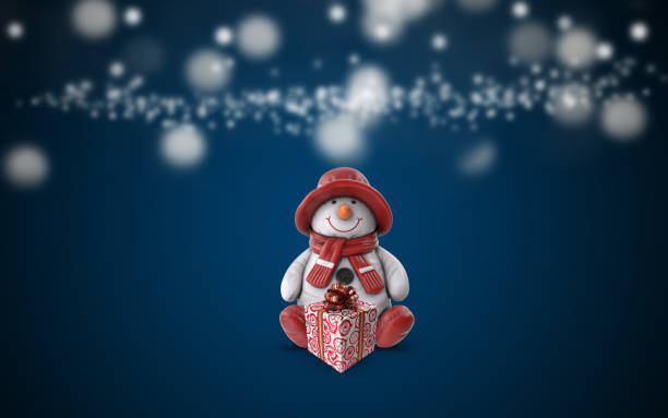 istock Christmas Card with Snowman and Gift Box On Blue Background 1184677584