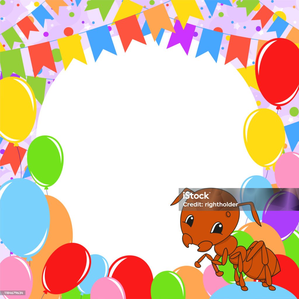 Happy Birthday Greeting Card With A Cute Cartoon Character With Copy Space  For Your Text Picture On The Background Of Bright Balloons Confetti And  Garlands Color Vector Isolated Illustration Stock Illustration -