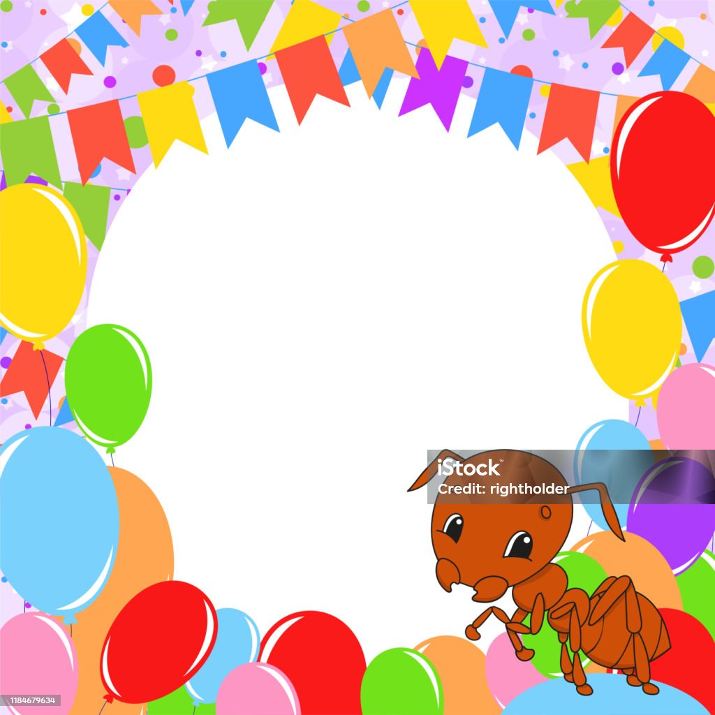 Happy Birthday Greeting Card With A Cute Cartoon Character With Copy Space For Your Text Picture On The Background Of Bright Balloons Confetti And Garlands Color Vector Isolated Illustration Stock Illustration - Happy Birthday Greeting Card With A Cute Cartoon Character With Copy Space For Your Text Picture On The Background Of Bright Balloons Confetti And Garlands Color Vector Isolated Illustration Stock Illustration -