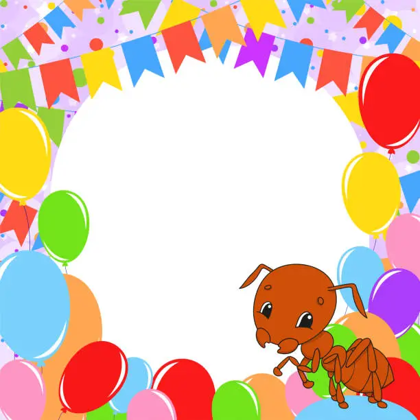 Vector illustration of Happy birthday greeting card with a cute cartoon character. With copy space for your text. Picture on the background of bright balloons, confetti and garlands. Color vector isolated illustration.