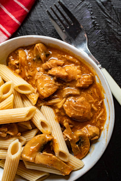 istock Penne pasta in pork sauce with mushroom. 1184680784