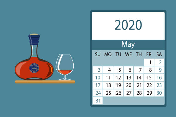 kalender 2020. der monatskalender ist mit niedlichen flaschen alkohol verziert. die woche beginnt am sonntag - wine champagne bottle mulled wine stock-grafiken, -clipart, -cartoons und -symbole