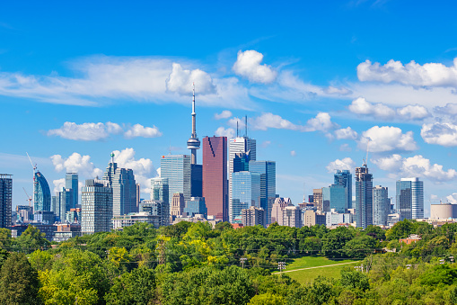 Photo of the skyline of downtown Toronto Ontario Canada on a sunny day.
