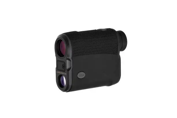 Photo of Modern optical range finder isolated on white background. Isolated black plastic rangefinder used for golfing or hunting.