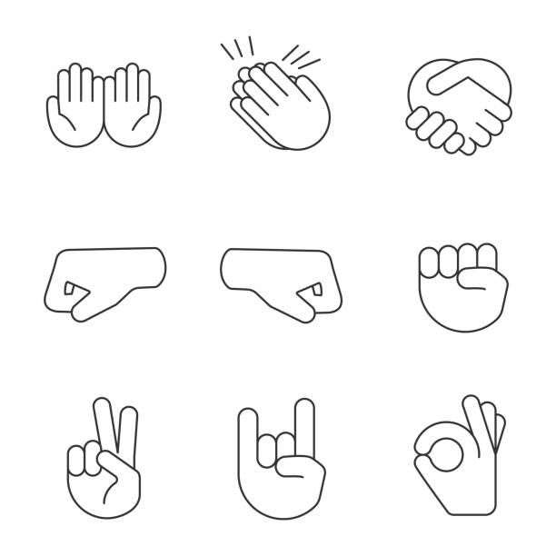 ilustraciones, imágenes clip art, dibujos animados e iconos de stock de gesto de mano emojis iconos lineales conjunto - ok sign
