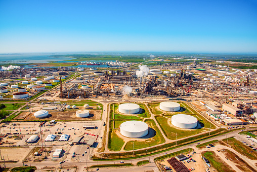 Helicopter point of view of an oil refinery in Texas City, Texas, located just south of Houston on Galveston Bay.