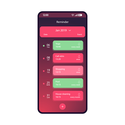 Reminder app smartphone interface vector template. Time management application flat gradient UI. Mobile calendar page purple design layout. Events, dates manager screen. Month schedule phone display