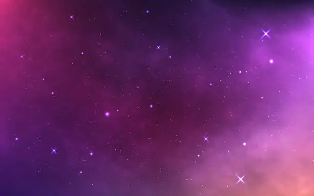 Vector illustration of Space background with bright nebula and milky way. Realistic cosmos with stardust and shining stars. Magic colorful galaxy. Soft starry sky. Cosmic texture. Vector illustration