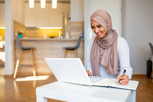 Essential for getting her tasks done Pretty woman wearing hijab in front of laptop search and doing office work with different face expression isolated in home background - office, business, finance and work station concept headdress stock pictures, royalty-free photos & images