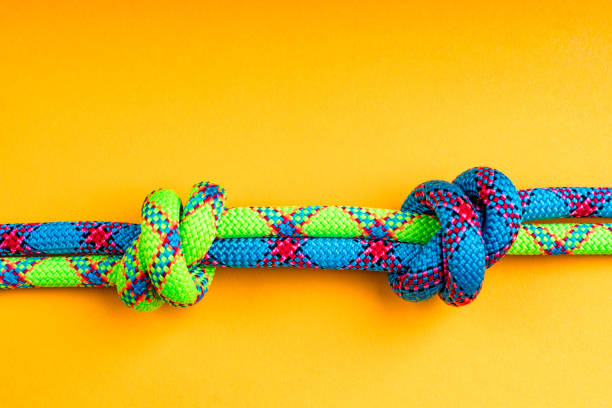 Rope and knot on  background. The grapevine node made of two colorful ropes on yellow background. tied knot photos stock pictures, royalty-free photos & images
