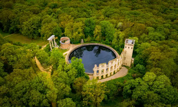Ruinenberg, a hill in the Bornstedt borough of Potsdam. aerial photography of artificial ruins of water tank.