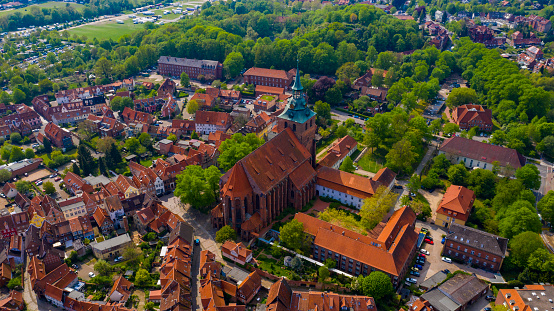 Lüneburg Lunenburg, Lower Saxony,  Germany, aerial view from above, drone shooting. Red roofs of  half-timbered buildings. Medieval and Renaissance town, UNESCO's World Heritage Site.
