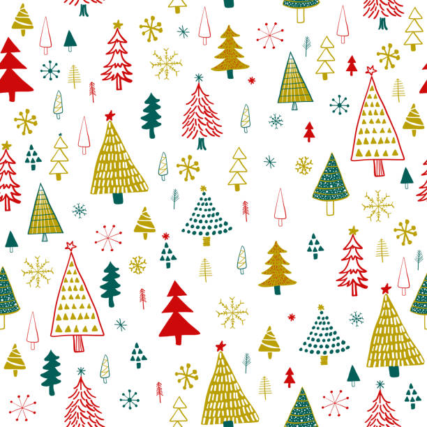 손으로 그린 크리스마스 / 휴일 나무 패턴입니다. 골드, 녹색, 빨간 크리스마스 트리, 원활한 패턴. 포리스트 배경입니다. 직물, 직물에 대한 유치한 질감. - 크리스마스 포장지 일러스트 stock illustrations