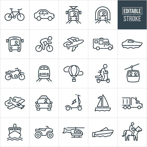 A set of transportation icons that include editable strokes or outlines using the EPS vector file. The icons include a bicycle, car, light rail, subway, bus, airplane, motorhome, yacht, motorcycle, train, hot air balloon, person riding a scooter, gondola, person riding a bike, twin engine airplane, taxi cab, electric scooter, sailboat, semi-truck, cruise ship, four wheeler, helicopter, motor boat and a person riding a horse.