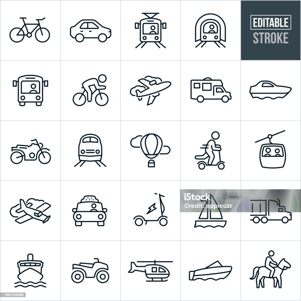 Transportation Thin Line Icons - Editable Stroke A set of transportation icons that include editable strokes or outlines using the EPS vector file. The icons include a bicycle, car, light rail, subway, bus, airplane, motorhome, yacht, motorcycle, train, hot air balloon, person riding a scooter, gondola, person riding a bike, twin engine airplane, taxi cab, electric scooter, sailboat, semi-truck, cruise ship, four wheeler, helicopter, motor boat and a person riding a horse. Icon stock vector