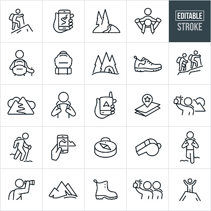 A set of hiking icons that include editable strokes or outlines using the EPS vector file. The icons include a person hiking, two people hiking, a map on a mobile phone, mountain trail, piggyback ride, hiker with backpack, backpack, tent, hiking shoe, hiker, gps device, map, selfie, mountain range, panorama, taking pictures, compass, whistle, sightseeing, hiking boot and a man at the summit of a mountain to name a few.