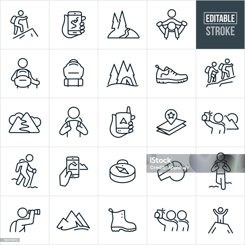Hiking Thin Line Icons - Editable Stroke A set of hiking icons that include editable strokes or outlines using the EPS vector file. The icons include a person hiking, two people hiking, a map on a mobile phone, mountain trail, piggyback ride, hiker with backpack, backpack, tent, hiking shoe, hiker, gps device, map, selfie, mountain range, panorama, taking pictures, compass, whistle, sightseeing, hiking boot and a man at the summit of a mountain to name a few. Icon stock vector