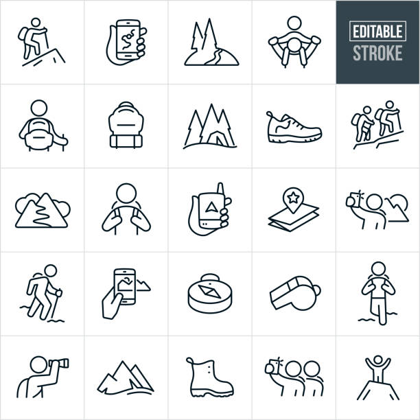 Hiking Thin Line Icons - Editable Stroke A set of hiking icons that include editable strokes or outlines using the EPS vector file. The icons include a person hiking, two people hiking, a map on a mobile phone, mountain trail, piggyback ride, hiker with backpack, backpack, tent, hiking shoe, hiker, gps device, map, selfie, mountain range, panorama, taking pictures, compass, whistle, sightseeing, hiking boot and a man at the summit of a mountain to name a few. adventure gear stock illustrations