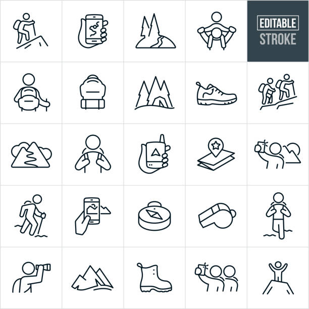 Hiking Thin Line Icons - Editable Stroke A set of hiking icons that include editable strokes or outlines using the EPS vector file. The icons include a person hiking, two people hiking, a map on a mobile phone, mountain trail, piggyback ride, hiker with backpack, backpack, tent, hiking shoe, hiker, gps device, map, selfie, mountain range, panorama, taking pictures, compass, whistle, sightseeing, hiking boot and a man at the summit of a mountain to name a few. Adventure stock illustrations