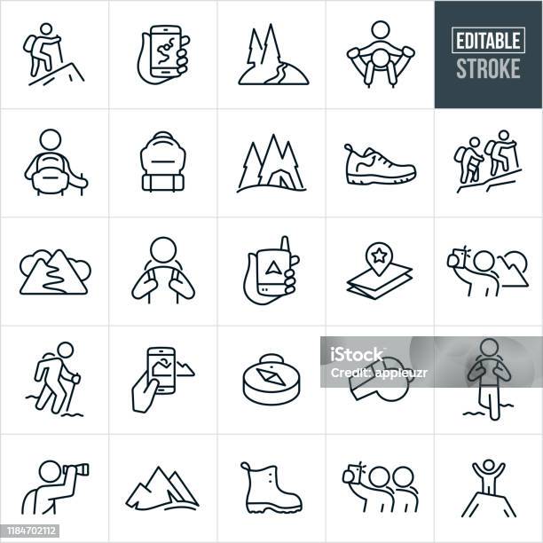 Hiking Thin Line Icons Editable Stroke Stock Illustration - Download Image Now - Icon, Hiking, Walking