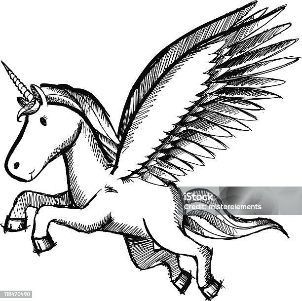 Vetores de Esboço Doodle Unicórnio Pegasus e mais imagens de Pégaso - Pégaso, Animal, Asa animal