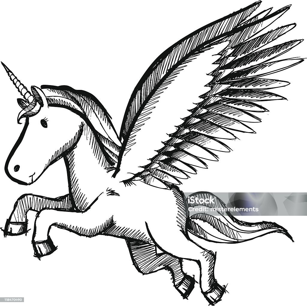 Doodle эскиз Единорог Pegasus - Векторная графика Пегас роялти-фри