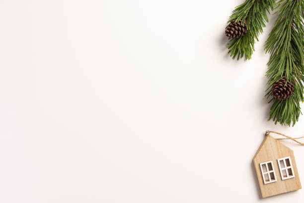istock Minimal Christmas concept. Spruce branches with cones, on a white background. Flat lay, top view, copy space. 1184706096