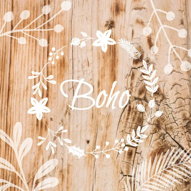 Vector illustration of Boho Frame Background with White Flower Wreath Stencil On Shabby Wood Wall. Shabby Wooden Background. Grunge Texture, Painted Surface. Coastal Background.