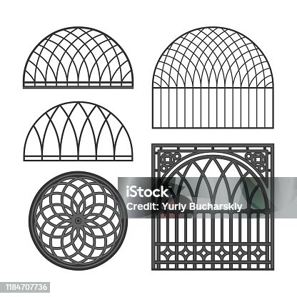 istock Monochrome gothic cast iron ornamentation in the binding of grids in the architecture of the Russian city of Kaluga. 1184707736
