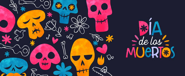 Day of the dead mexican sugar skull spanish banner Day of the dead web banner, colorful watercolor sugar skull with traditional hand drawn Mexico decoration. Dia de los muertos text in Spanish, skeleton bones, flowers and Mexican mariachi icons. cartoon skull stock illustrations