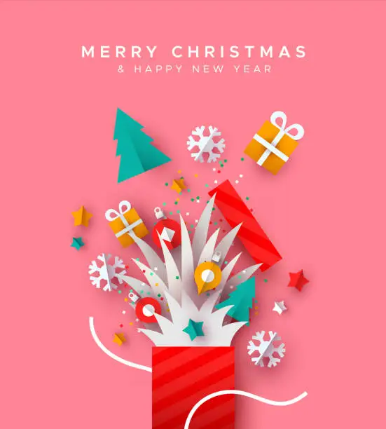 Vector illustration of Christmas New Year holiday paper cut gift box card