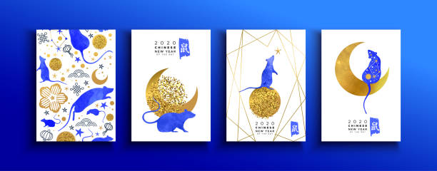 Chinese new year of rat watercolor gold card set Chinese New Year 2020 watercolor greeting card set for traditional asian holiday event. Hand drawn astrology elegant design with gold glitter and horoscope animal. Calligraphy translation: rat. watercolor lantern set stock illustrations