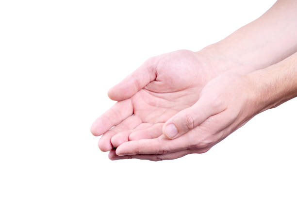 istock empty person palm hands isolated on white background. gesture for giving or receiving something. 1184713876