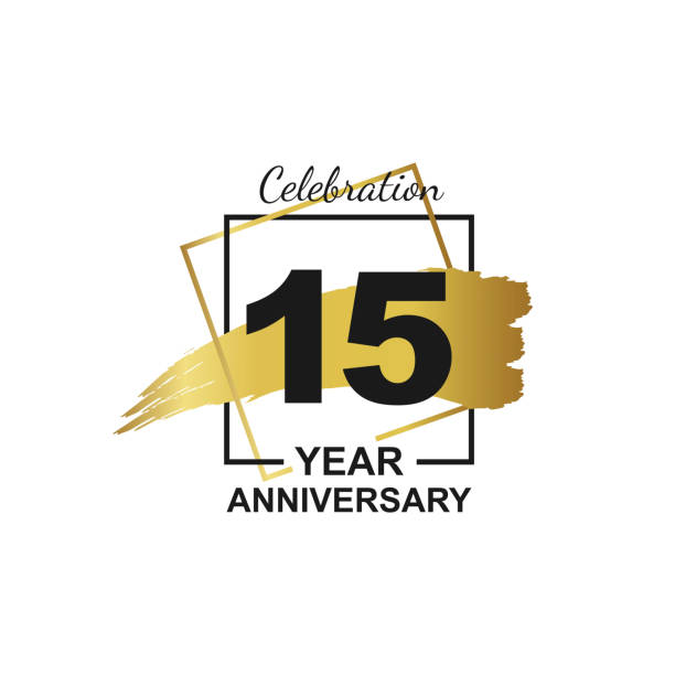 15th golden anniversary logo celebration with frame and hand drawn ink brush gold ribbon. Vector template element for your 15 birthday party poster greeting card on white background and black number. 15th golden anniversary logo celebration with frame and hand drawn ink brush gold ribbon. Vector template element for your 15 birthday party poster greeting card on white background and black number. circa 15th century stock illustrations