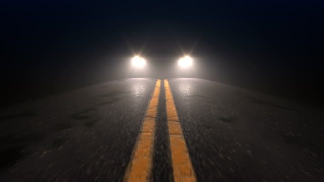 Car headlights pursuiting camera on a night road, seamless looped animation