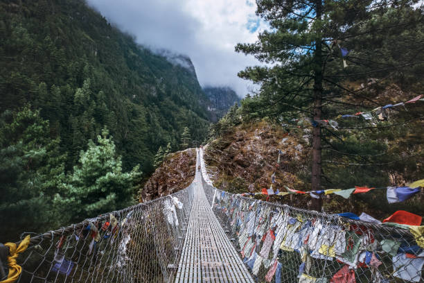 Suspension Bridge decorated with multicolored Tibetan Prayer flags hinged over gorge.  Everest Base Camp (EBC) trekking route, Sagarmatha National Park, Nepal.