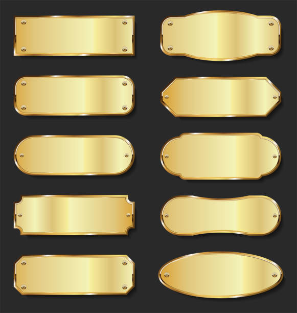 Golden metal plates collection on black background Golden metal plates collection on black background gold metal borders stock illustrations
