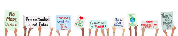 ilustrações, clipart, desenhos animados e ícones de bandeira das crianças da escola que prendem sinais do protesto da mudança de clima nas mãos - changing form climate global warming vector