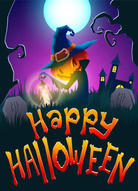 Vector illustration of Halloween Jack the pumpkin in the graveyard