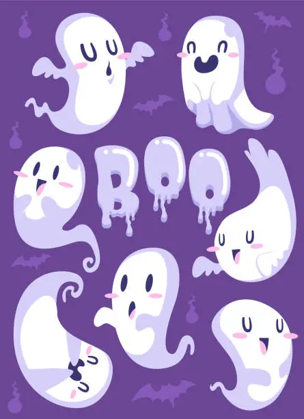 Vector illustration of set of cute halloween ghost