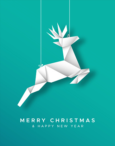 Merry Christmas and Happy New Year greeting card illustration of paper craft origami reindeer ornament for holiday season event or invitation.