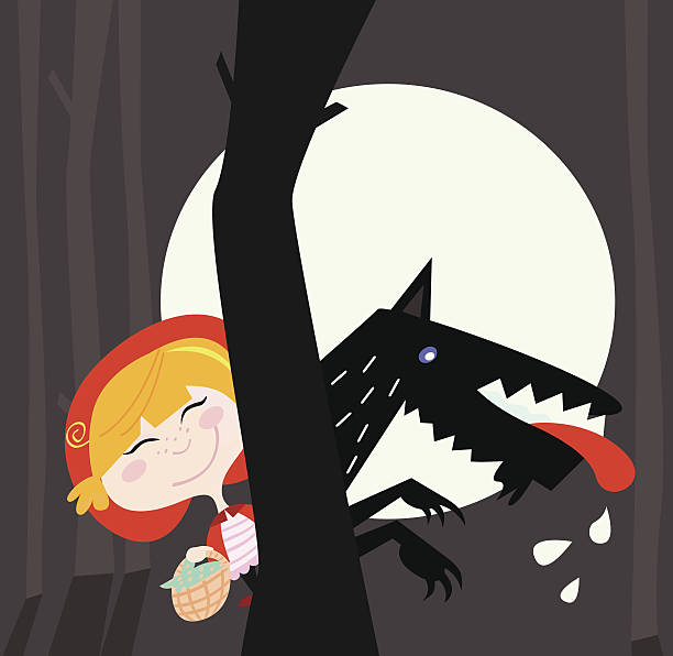 Red Riding Hood and black Wolf vector art illustration