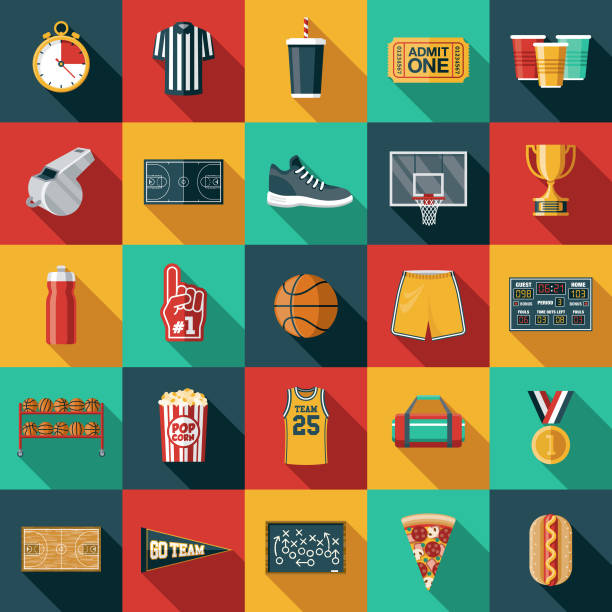 ilustraciones, imágenes clip art, dibujos animados e iconos de stock de conjunto de icones de baloncesto - clothing equipment leisure equipment sports equipment