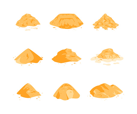 Sand piles set isolated on a white background. Yellow dune in a desert, on a beach, at a construction site or playground. Vector illustration in flat style.
