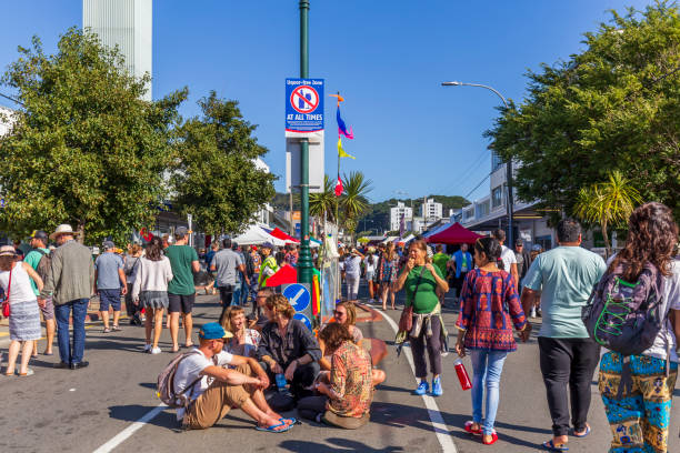 People enjoying a sunny day at Newtown Vintage Market in Wellington, New Zealand. Wellington, New Zealand - March 03, 2019: People enjoying a sunny day at Newtown Vintage Market in Wellington, New Zealand. newtown stock pictures, royalty-free photos & images