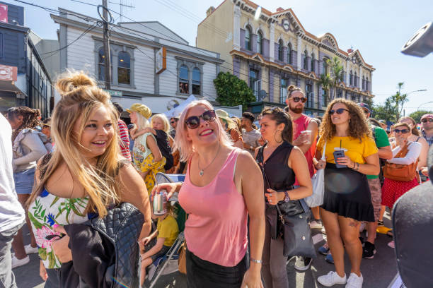 People enjoying a sunny day at Newtown Vintage Market in Wellington, New Zealand. Wellington, New Zealand - March 03, 2019: People enjoying a sunny day at Newtown Vintage Market in Wellington, New Zealand. newtown stock pictures, royalty-free photos & images