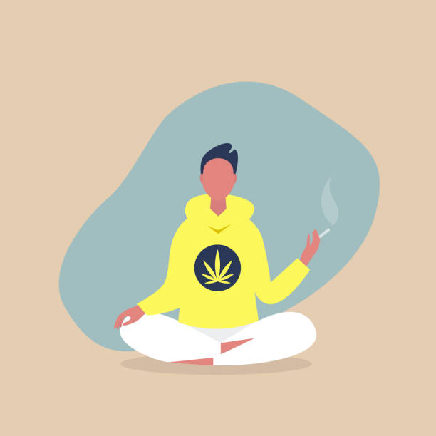 junge entspannte männliche charakter sitzt in einer meditativen lotus-pose und rauchen einen gemeinsamen, cannabis-konsument, millennial-lifestyle - human joint illustrations stock-grafiken, -clipart, -cartoons und -symbole