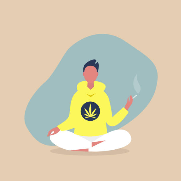 młody zrelaksowany męski charakter siedzący w medytacyjnej pozie lotosu i palący wspólny, konsument konopi, milenijny styl życia - psychedelic smoke colors green stock illustrations