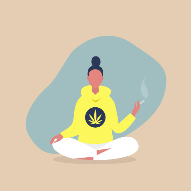 Young relaxed female character sitting in a meditative lotus pose and smoking a joint, cannabis consumer, millennial lifestyle Young relaxed female character sitting in a meditative lotus pose and smoking a joint, cannabis consumer, millennial lifestyle blunt stock illustrations